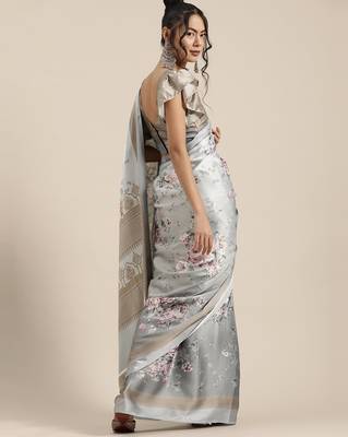Sareemall Grey Casual Satin Crepe Printed Saree With Unstitched Blouse 2