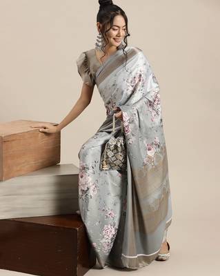 Sareemall Grey Casual Satin Crepe Printed Saree With Unstitched Blouse 3