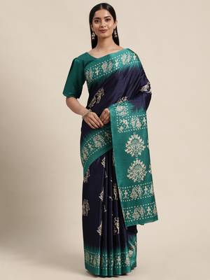 Sareemall Navy Blue Casual Manipuri Silk Printed Saree With Unstitched Blouse 1