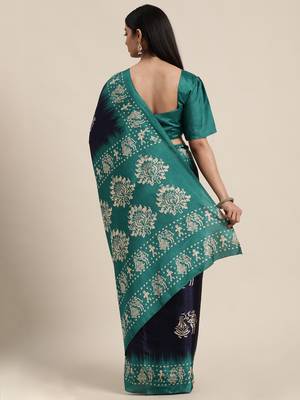 Sareemall Navy Blue Casual Manipuri Silk Printed Saree With Unstitched Blouse 2