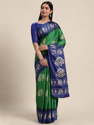 Sareemall Green Casual Manipuri Silk Printed Saree With Unstitched Blouse 1
