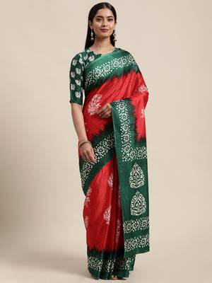 Sareemall Red Casual Manipuri Silk Printed Saree With Unstitched Blouse 1