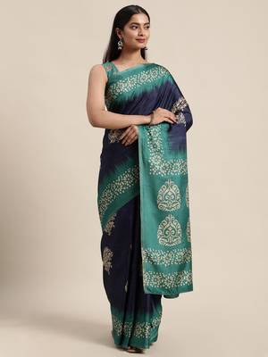 Sareemall Navy Blue Casual Manipuri Silk Printed Saree With Unstitched Blouse 1