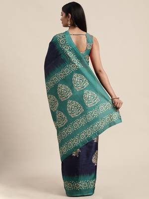 Sareemall Navy Blue Casual Manipuri Silk Printed Saree With Unstitched Blouse 2
