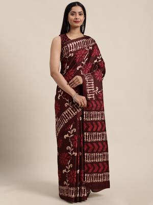 Sareemall Maroon Casual Manipuri Silk Printed Saree With Unstitched Blouse 1