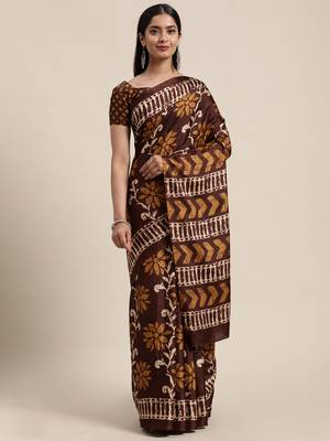 Sareemall Brown Casual Manipuri Silk Printed Saree With Unstitched Blouse 1