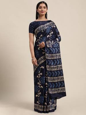 Sareemall Navy Blue Casual Manipuri Silk Printed Saree With Unstitched Blouse 1