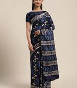 Sareemall Navy Blue Casual Manipuri Silk Printed Saree With Unstitched Blouse
