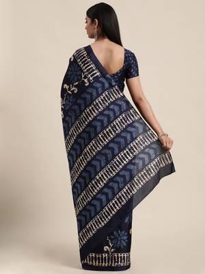 Sareemall Navy Blue Casual Manipuri Silk Printed Saree With Unstitched Blouse 2