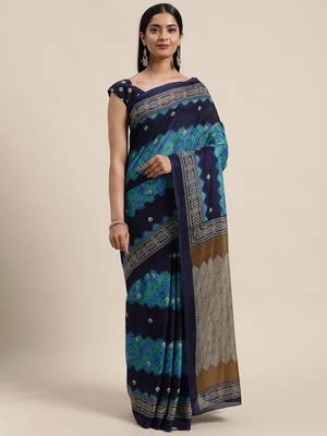 Sareemall Navy Blue Casual Manipuri Silk Printed Saree With Unstitched Blouse 1
