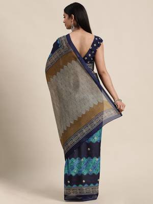 Sareemall Navy Blue Casual Manipuri Silk Printed Saree With Unstitched Blouse 2