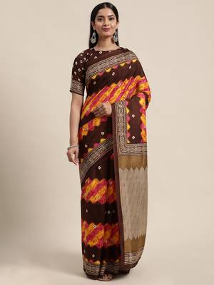 Sareemall Brown Casual Manipuri Silk Printed Saree With Unstitched Blouse 1