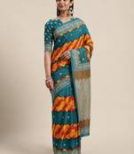 Sareemall Blue Casual Manipuri Silk Printed Saree With Unstitched Blouse