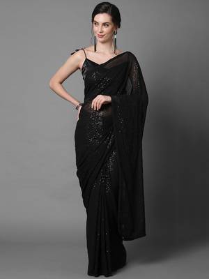 Sareemall Black Party Wear Georgette Sequence Work Saree With Unstitched Blouse 1