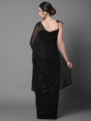 Sareemall Black Party Wear Georgette Sequence Work Saree With Unstitched Blouse 2