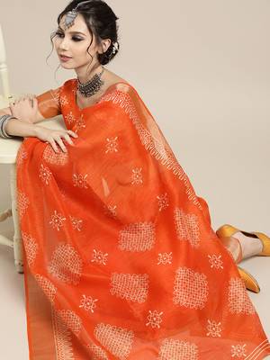 Sareemall Orange Festive wear Linen Blend Printed Saree With Unstitched Blouse 1