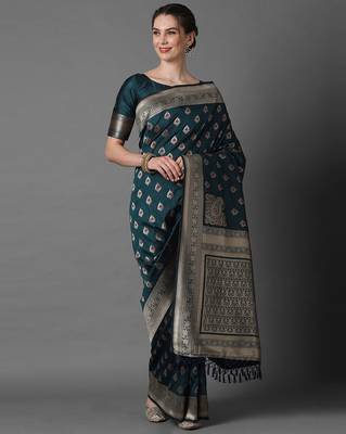 Sareemall Teal Blue Festive Silk Blend Woven Design Saree With Unstitched Blouse 1