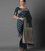 Sareemall Teal Blue Festive Silk Blend Woven Design Saree With Unstitched Blouse