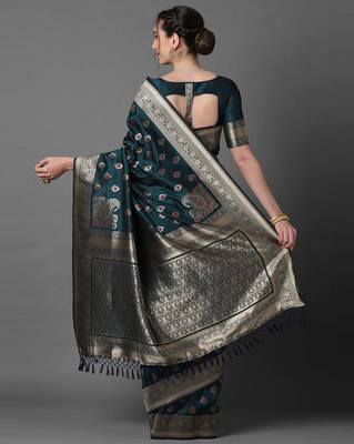 Sareemall Teal Blue Festive Silk Blend Woven Design Saree With Unstitched Blouse 2