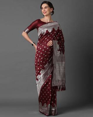 Sareemall Maroon festive Silk Blend Woven Design Saree With Unstitched Blouse 1