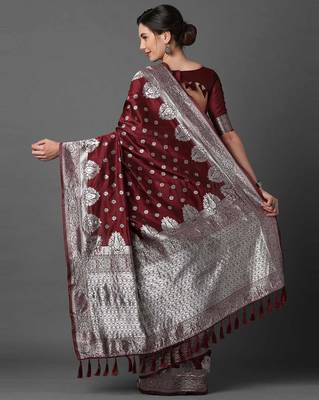 Sareemall Maroon festive Silk Blend Woven Design Saree With Unstitched Blouse 2