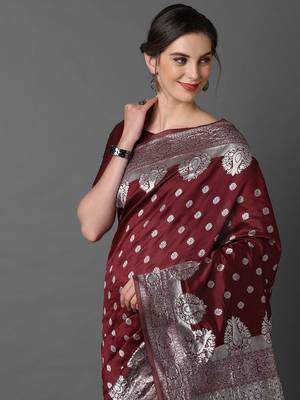 Sareemall Maroon festive Silk Blend Woven Design Saree With Unstitched Blouse 3