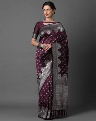 Sareemall Wine festive Silk Blend Woven Design Saree With Unstitched Blouse 1