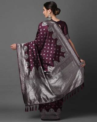 Sareemall Wine festive Silk Blend Woven Design Saree With Unstitched Blouse 2