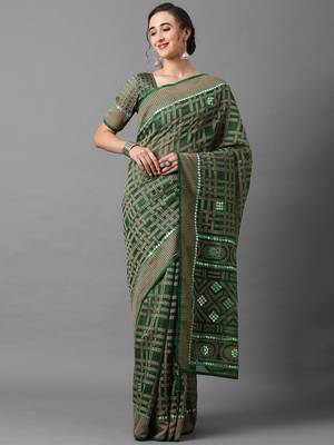 Sareemall Green Casual Brasso  Geomatric Print Saree With Unstitched Blouse 1