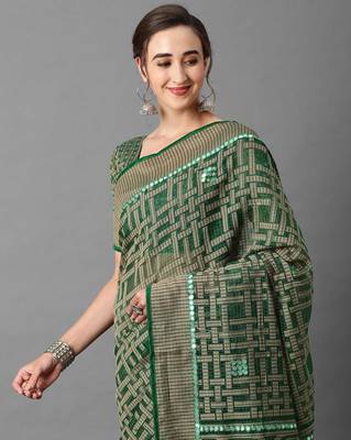 Sareemall Green Casual Brasso  Geomatric Print Saree With Unstitched Blouse 3