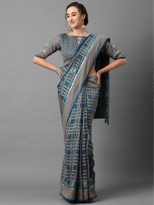 Sareemall Blue Casual Brasso  Geomatric Print Saree With Unstitched Blouse 1