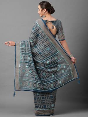 Sareemall Blue Casual Brasso  Geomatric Print Saree With Unstitched Blouse 2