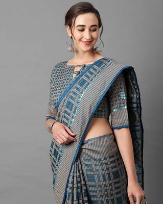 Sareemall Blue Casual Brasso  Geomatric Print Saree With Unstitched Blouse 3