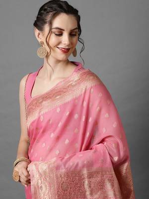 Sareemall Pink  Festive Silk Blend Woven Design Saree With Unstitched Blouse 3