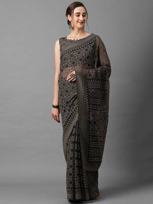 Sareemall Grey Casual  Brasso  Printed Saree With Unstitched Blouse 1