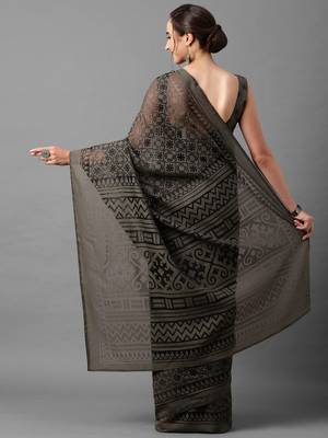 Sareemall Grey Casual  Brasso  Printed Saree With Unstitched Blouse 2