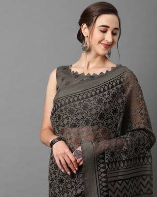 Sareemall Grey Casual  Brasso  Printed Saree With Unstitched Blouse 3