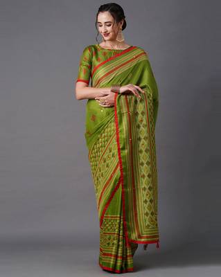 Sareemall Green Festive Jute Silk Printed Saree With Unstitched Blouse 1