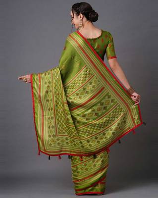 Sareemall Green Festive Jute Silk Printed Saree With Unstitched Blouse 2