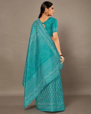 Sareemall Teal blue Casual Bhagalpuri Silk Printed Saree With Unstitched Blouse 2