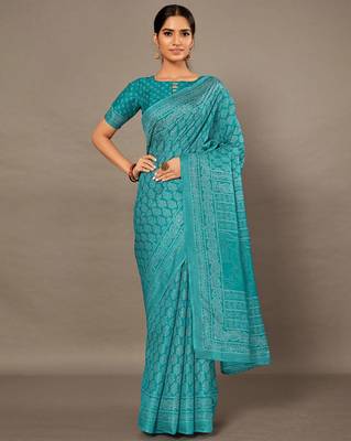Sareemall Teal blue Casual Bhagalpuri Silk Printed Saree With Unstitched Blouse 3