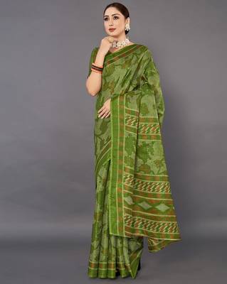 Sareemall Green Casual Bhagalpuri Silk Printed Saree With Unstitched Blouse 1