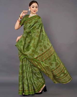 Sareemall Green Casual Bhagalpuri Silk Printed Saree With Unstitched Blouse 3