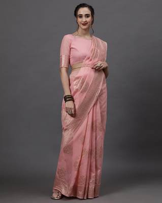 Sareemall Pink Festive Linen Woven Design Saree With Unstitched Blouse 1