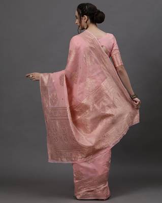 Sareemall Pink Festive Linen Woven Design Saree With Unstitched Blouse 2