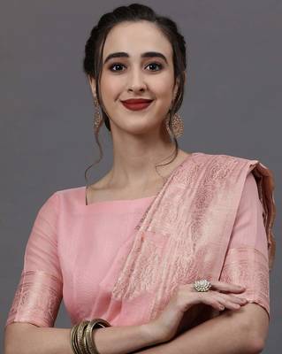 Sareemall Pink Festive Linen Woven Design Saree With Unstitched Blouse 3