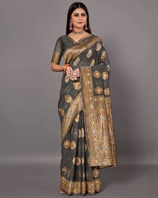 Sareemall Grey Festive Linen Woven Design Saree With Unstitched Blouse 1