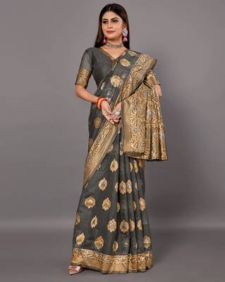 Sareemall Grey Festive Linen Woven Design Saree With Unstitched Blouse 3