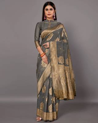 Sareemall Grey Festive Linen Woven Design Saree With Unstitched Blouse 1
