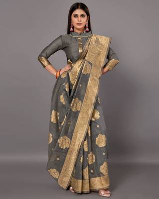 Sareemall Grey Festive Linen Woven Design Saree With Unstitched Blouse 3